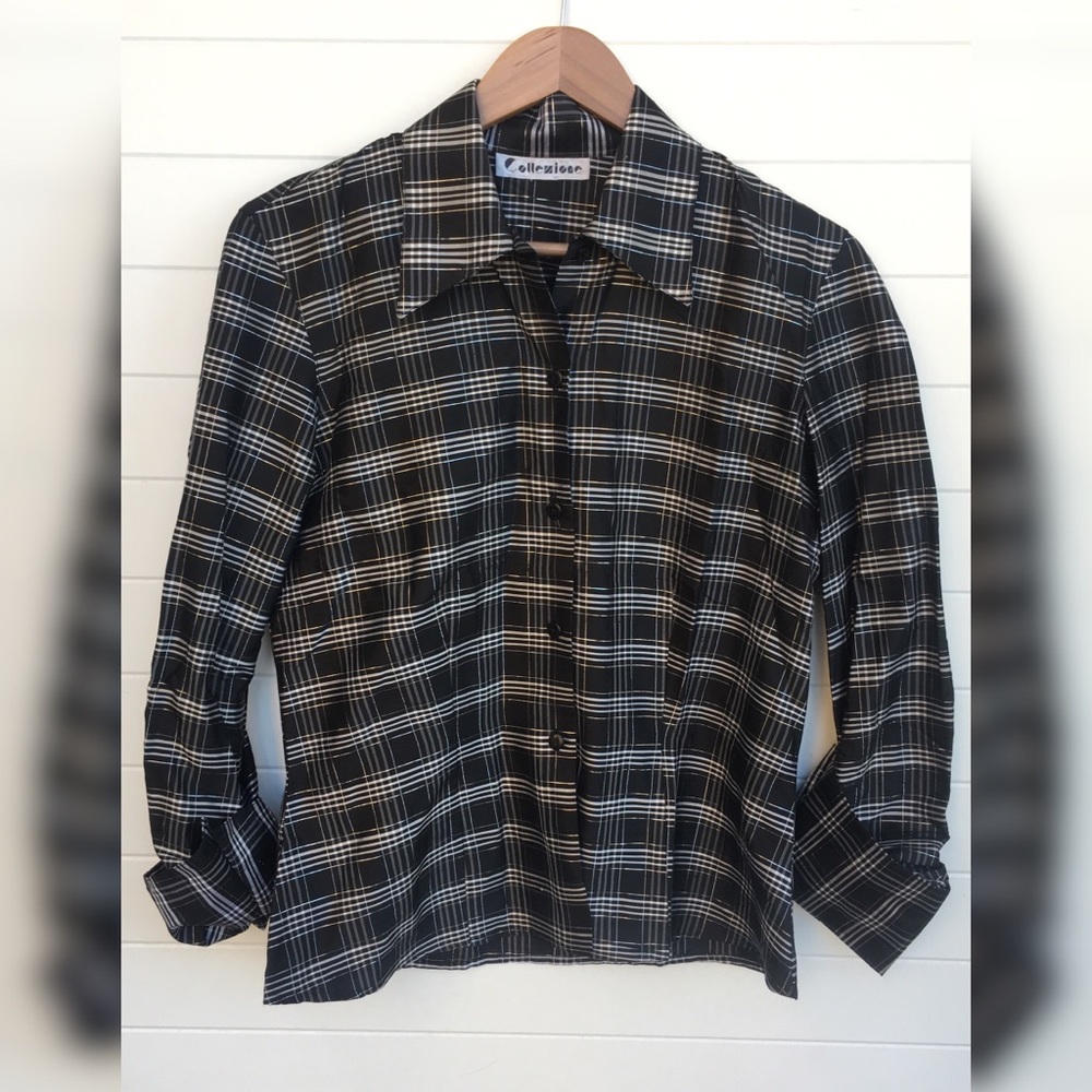 Collezione Vintage 90s Metallic Plaid Checked 3/4 Sleeve Button Down Shirt